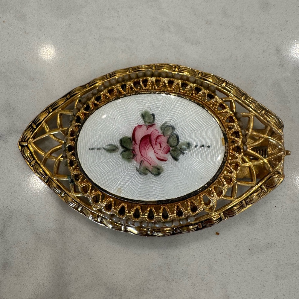 Antique Guilloché Enamel Fur Clip | Hand-Painted Rose | Edwardian c. 1900